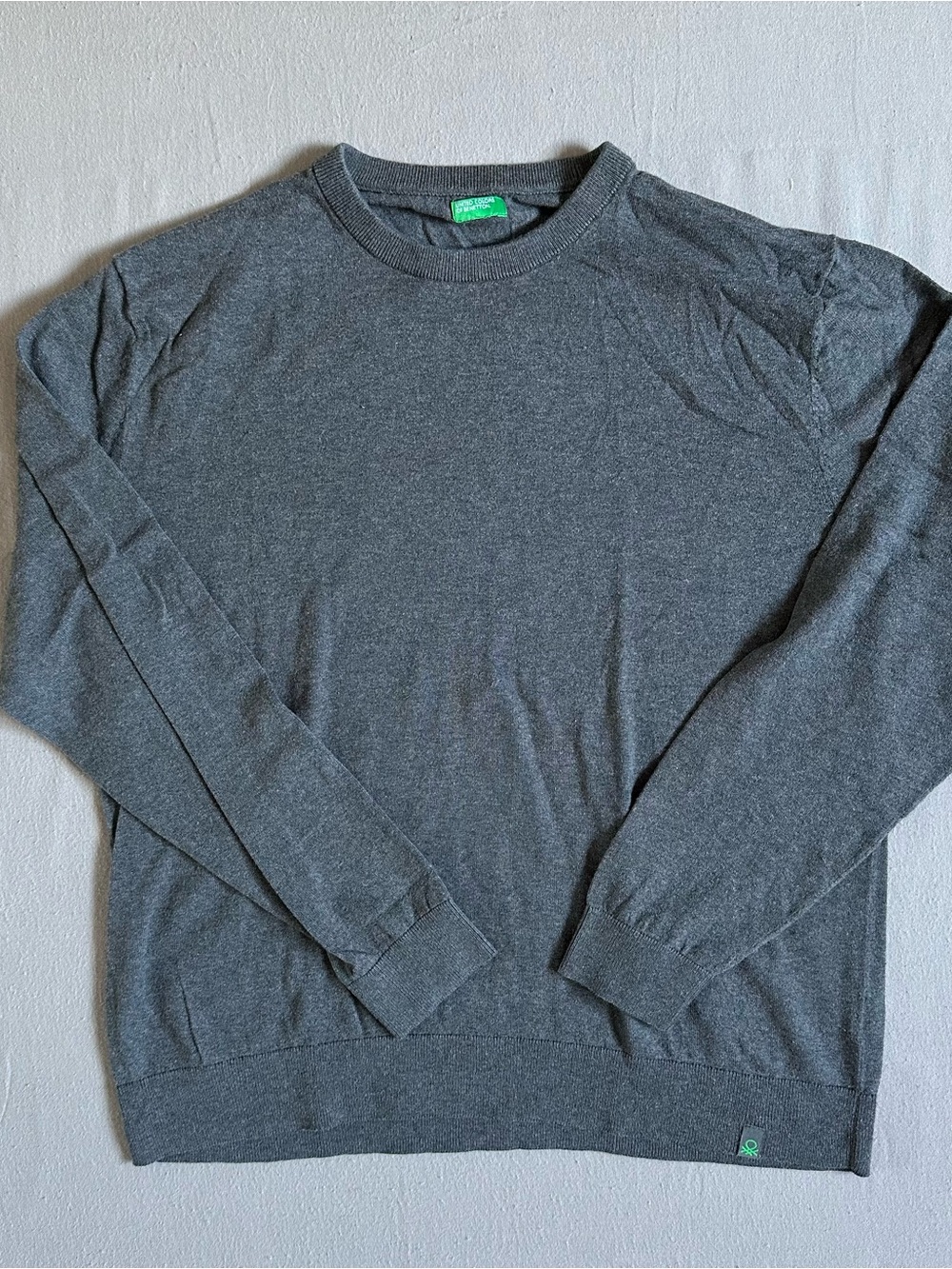 Benetton Gray Crewneck Mens Sweater XL Minimalist Cotton Knit Pullover